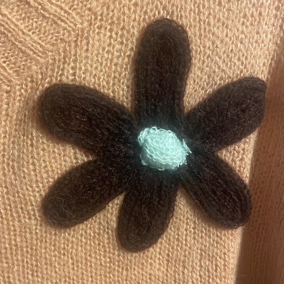 Peach Soft Fuzzy Lightweight Knit Sweater with Floral Knitted Details, Crew Neck - Picture 13 of 13